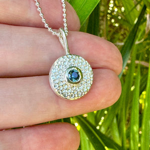 Fine silver pendant with Australian parti sapphire inspired by the ocean